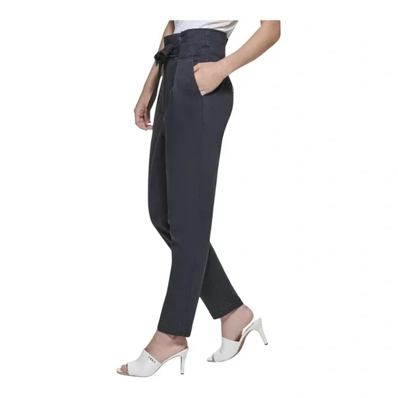 🖤 DKNY Black Belted High-Waisted Tapered Pants – Size 14 - Picture 3 of 10